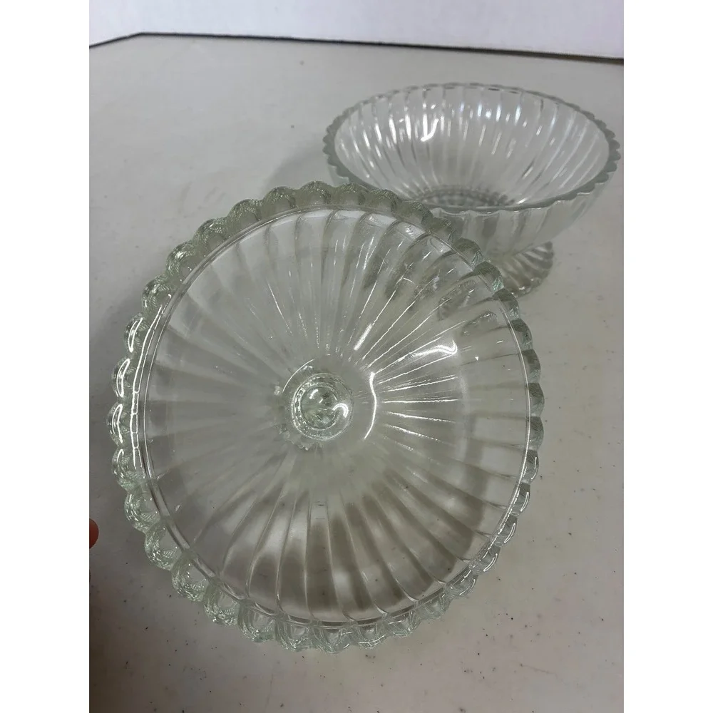 Vintage Clear Ribbed Pressed Glass Footed Candy Dish with Lid Scalloped Pedestal